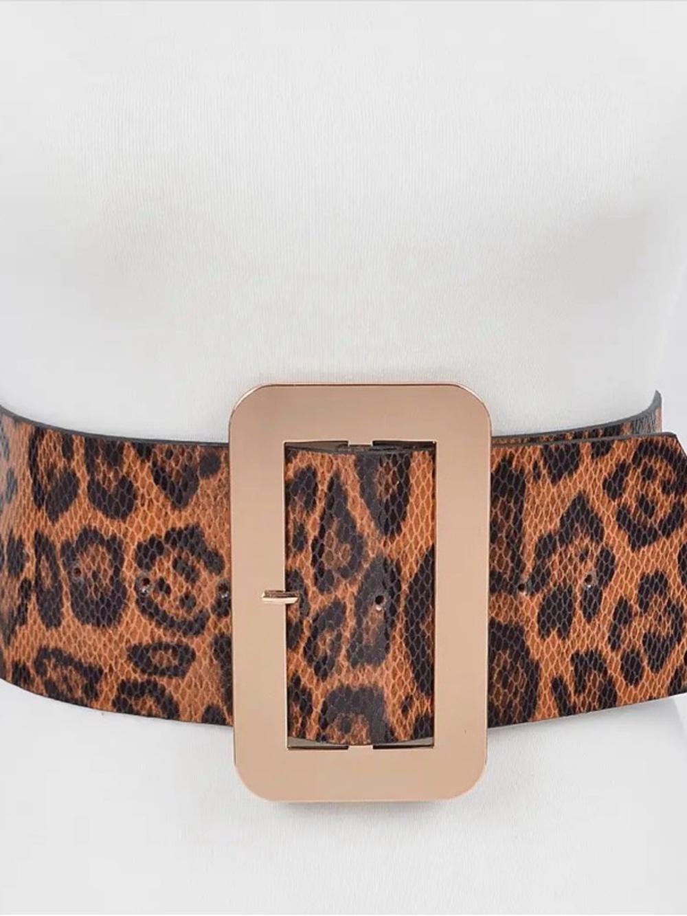 Leopard Print Style Wide Belt with Oversized Gold Toned Buckle - PLUS